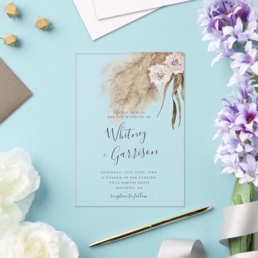 Pampas Grass Roze Huwelijksbloem Acryl Uitnodigingen (Insitu (Huwelijk))