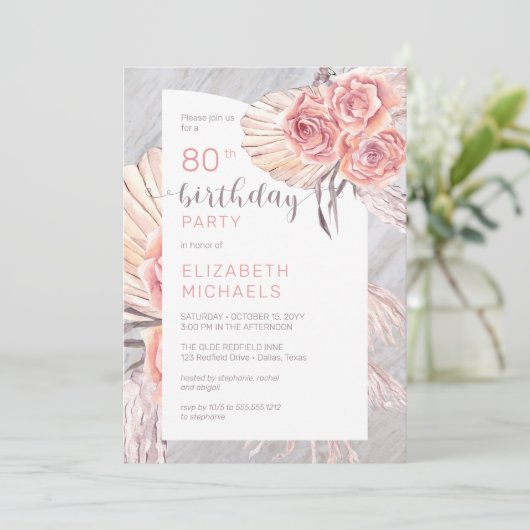 Pampas Grass |Roze Rose Blooms 80e verjaardag Kaart (Staand voorkant)