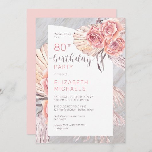 Pampas Grass |Roze Rose Blooms 80e verjaardag Kaart (Voorkant / Achterkant)