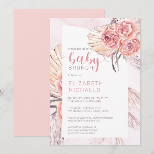 Pampas Grass |Roze Rose Blooms Girl Baby Brunch Kaart (Voorkant / Achterkant)