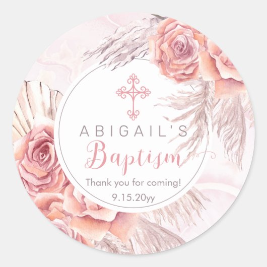 Pampas Grass |Roze Rose Blooms Girl Baptisme Ronde Sticker (Voorkant)