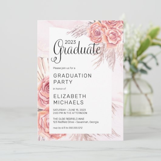 Pampas Grass | Roze Rose Blooms Graduation Party Kaart (Staand voorkant)
