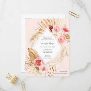 Pampas Grass roze waterverf bloemenboho baby meisj Uitnodiging Briefkaart