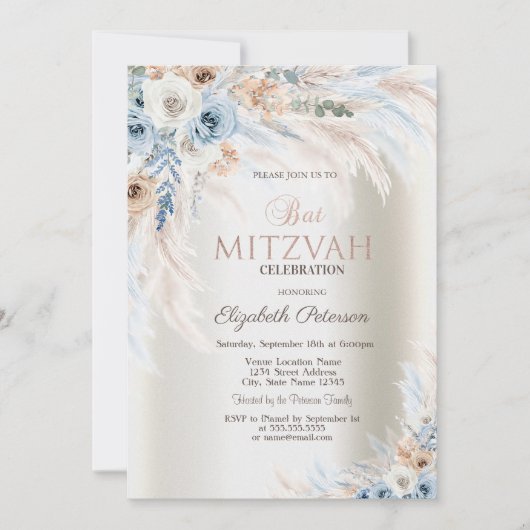 Pampas Grass Rozen Ivoor Bat Mitzvah Kaart (Voorkant)