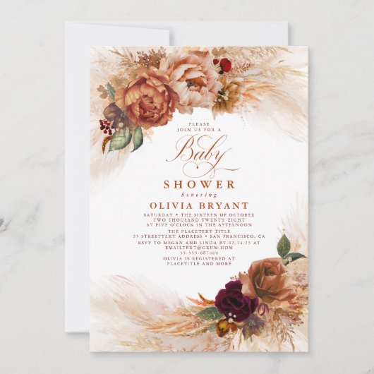 Pampas Grass Rust Terracotta Floral Baby shower Kaart (Voorkant)