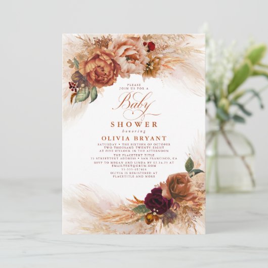 Pampas Grass Rust Terracotta Floral Baby shower Kaart (Staand voorkant)