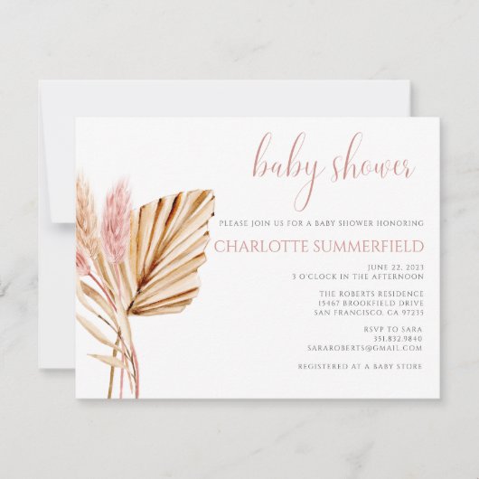 Pampas Grass Rustic Boho Floral Baby shower Kaart (Voorkant)
