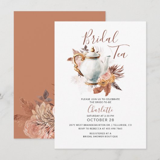 Pampas Grass Rustic Terracotta Bridal Tea Kaart (Voorkant / Achterkant)