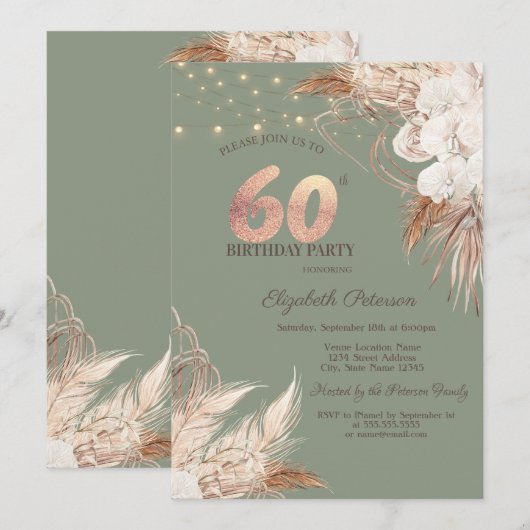 Pampas Grass Sage Green 60th Birthday Kaart (Voorkant / Achterkant)