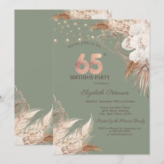Pampas Grass Sage Green 65th Birthday Kaart (Voorkant / Achterkant)