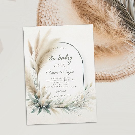 Pampas Grass Sage Green Arch Neutraal Baby shower Kaart