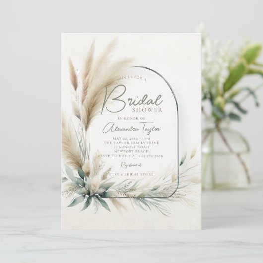 Pampas Grass Sage Green Boho Arch Vrijgezellenfees Kaart (Staand voorkant)