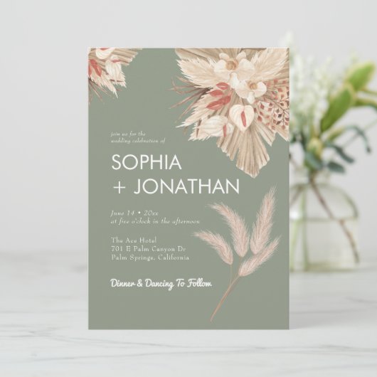 Pampas Grass Sage Green Wedding Modern Chic Kaart (Staand voorkant)