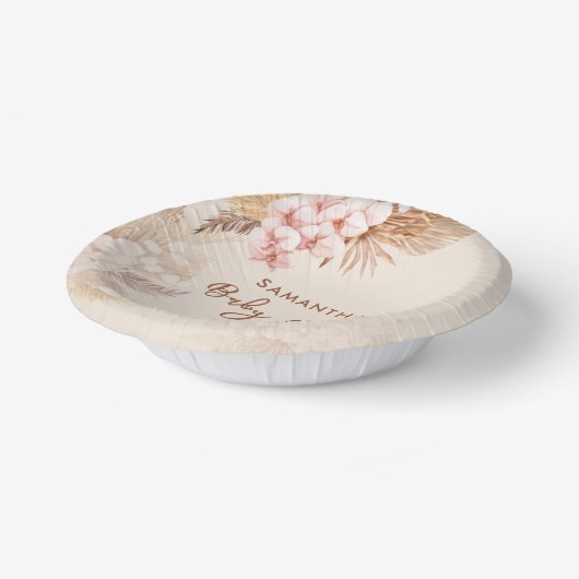 Pampas Grass Script Roze Bloemen Baby shower Papieren Kommen (Gebogen)