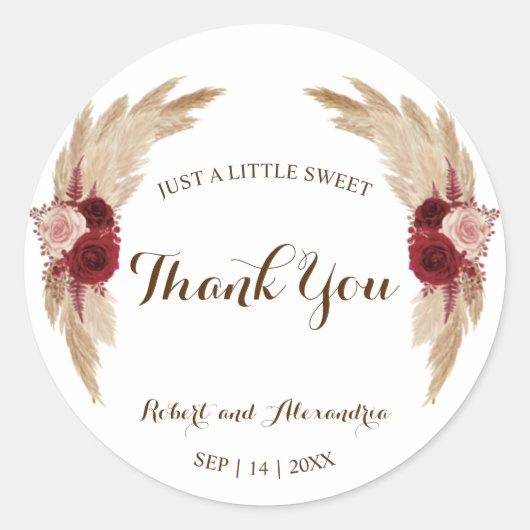 Pampas Grass Sweet Treat Weddenschap Bedankt Ronde Sticker (Voorkant)