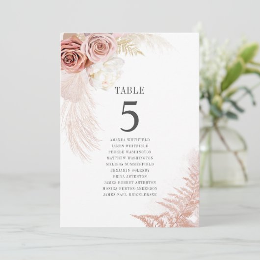 Pampas Grass Table Number 5 Wedding Seating Kaart (Staand voorkant)