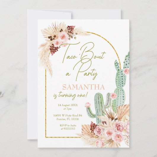 Pampas Grass Taco Cactus Eerste Verjaardag Uitnodi Kaart (Voorkant)