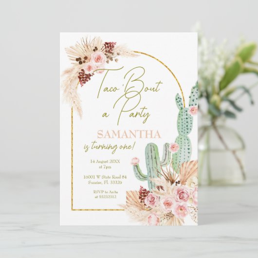 Pampas Grass Taco Cactus Eerste Verjaardag Uitnodi Kaart (Staand voorkant)