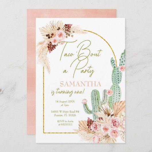 Pampas Grass Taco Cactus Eerste Verjaardag Uitnodi Kaart (Voorkant / Achterkant)