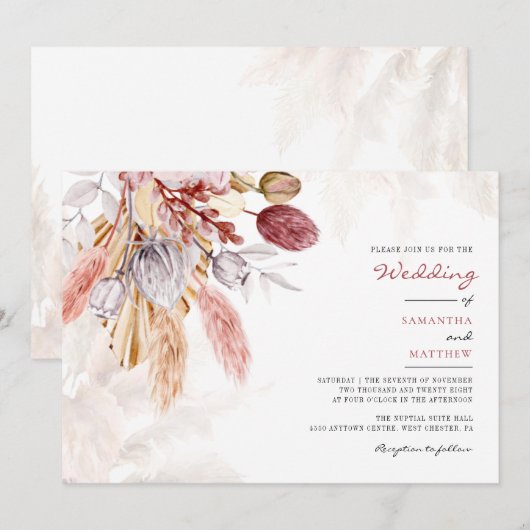 Pampas Grass Tan Floral Rustic Wedding Kaart (Voorkant / Achterkant)