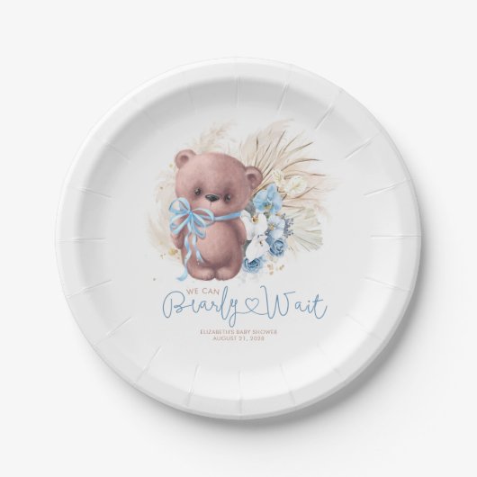 Pampas Grass Teddy Bear Baby shower Blue Boho Papieren Bordje (Voorkant)