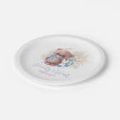 Pampas Grass Teddy Bear Baby shower Blue Boho Papieren Bordje (Gekanteld)