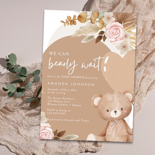 Pampas grass teddy bear gender neutral baby shower kaart