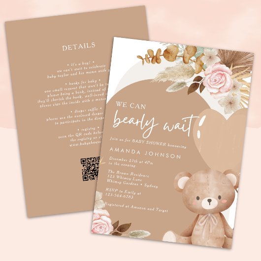 Pampas grass teddy bear gender neutral baby shower kaart