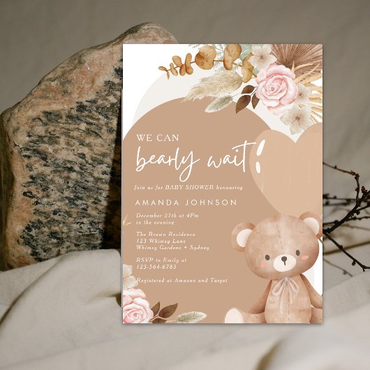 Pampas grass teddy bear gender neutral baby shower kaart