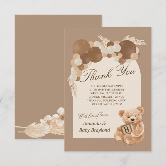 Pampas Grass Teddy Bear Hartelijk dank Bedankkaart (Voorkant / Achterkant)