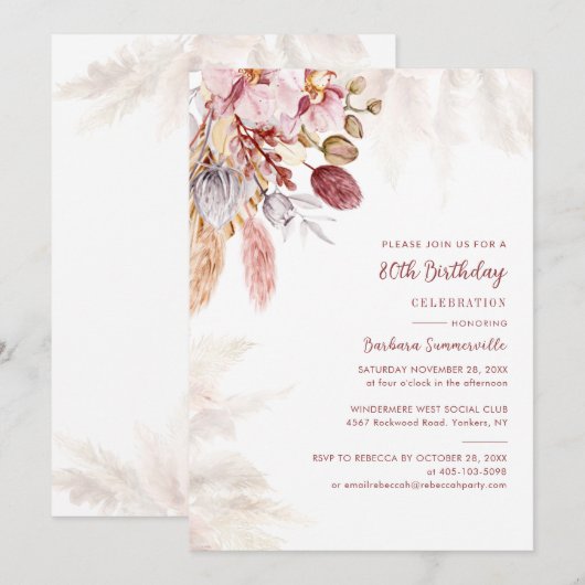 Pampas Grass Terracotta 80th Birthday Party Kaart (Voorkant / Achterkant)