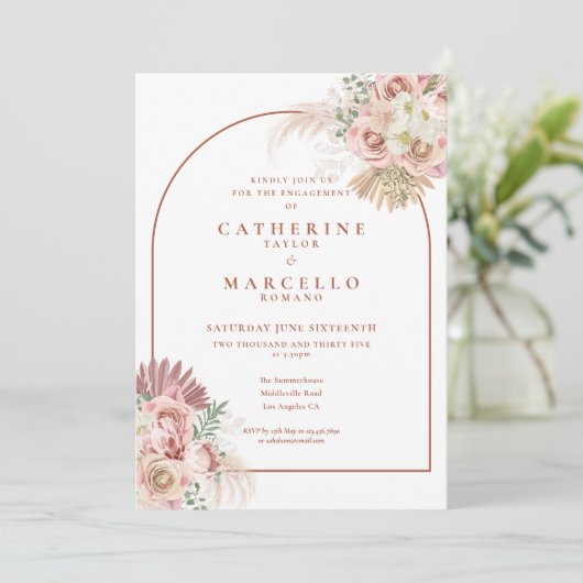 Pampas Grass Terracotta Arch Engagement Party Kaart (Staand voorkant)