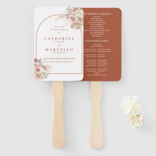 Pampas Grass Terracotta Arch Wedding Program Hand Handwaaier (Voorkant en achterkant)