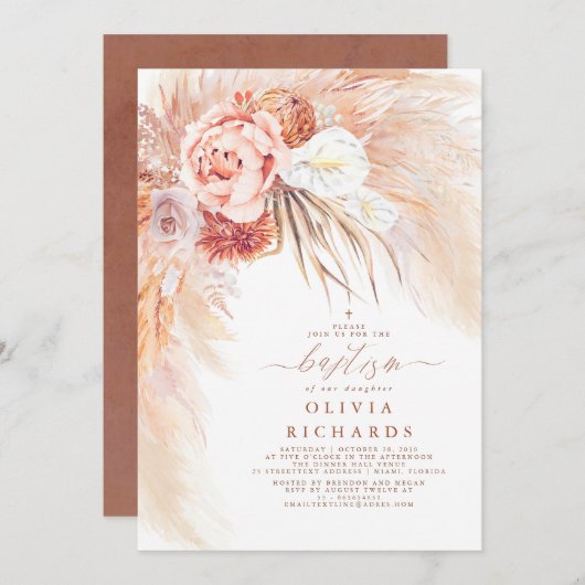 Pampas Grass Terracotta Baptism Invitation Kaart (Voorkant / Achterkant)
