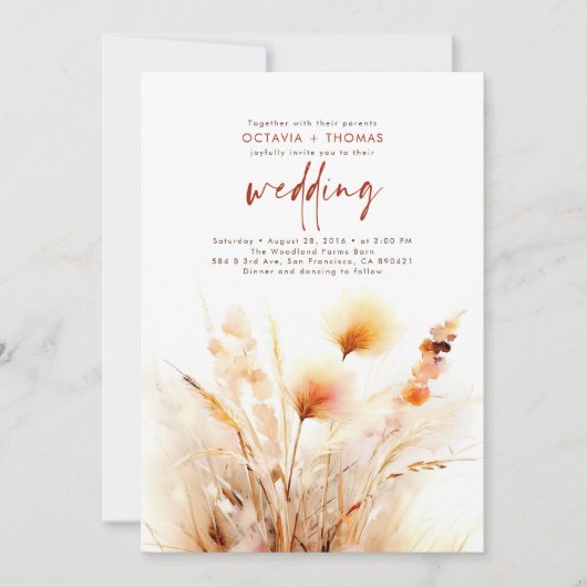 Pampas Grass Terracotta Bloemen Boho Fall Bruiloft Kaart (Voorkant)