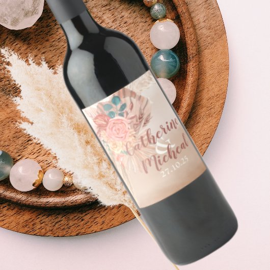 Pampas Grass Terracotta Boho Chic Wedding Favor Wijn Etiket