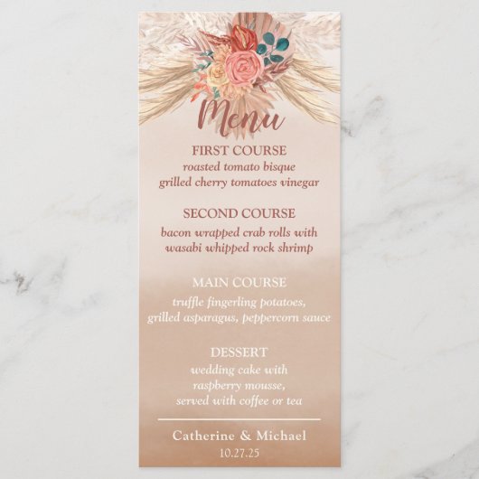 Pampas Grass Terracotta Boho Chic Wedding Party Menu (Voorkant)