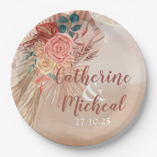 Pampas Grass Terracotta Boho Chic Wedding Party Papieren Bordje (Voorkant)