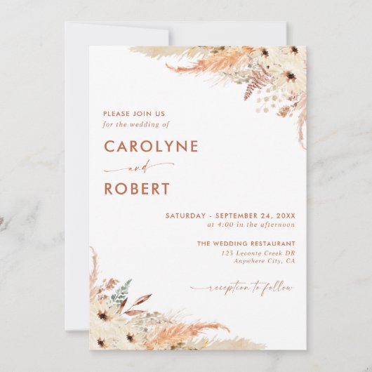 Pampas Grass Terracotta Boho Wedding Invitation Kaart (Voorkant)