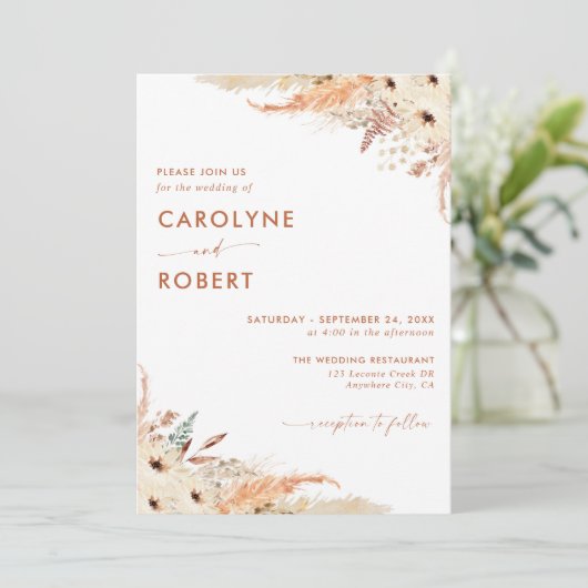 Pampas Grass Terracotta Boho Wedding Invitation Kaart (Staand voorkant)