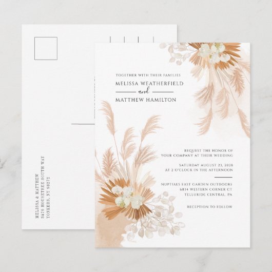 Pampas Grass Terracotta Botanical Palm Wedding Uitnodiging Briefkaart (Voorkant / Achterkant)