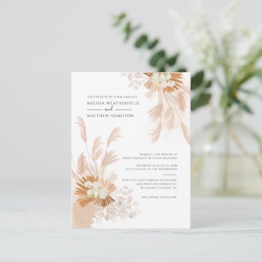 Pampas Grass Terracotta Botanical Palm Wedding Uitnodiging Briefkaart (Staand voorkant)