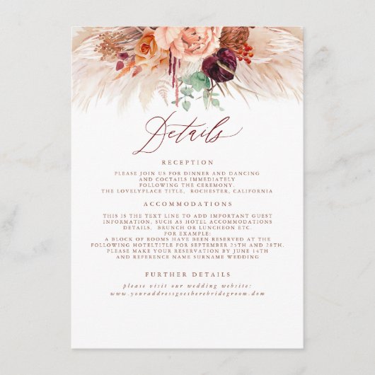 Pampas Grass Terracotta Bruiloft Details Behuizing Informatiekaartje (Voorkant)