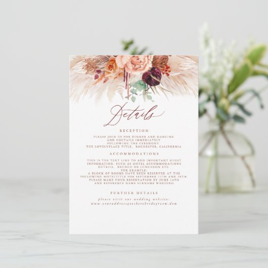 Pampas Grass Terracotta Bruiloft Details Behuizing Informatiekaartje (Staand voorkant)