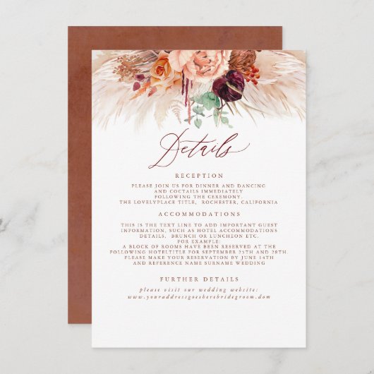 Pampas Grass Terracotta Bruiloft Details Behuizing Informatiekaartje (Voorkant / Achterkant)