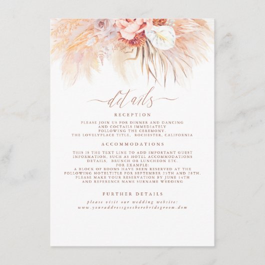 Pampas Grass Terracotta Bruiloft Details Informatiekaartje (Voorkant)