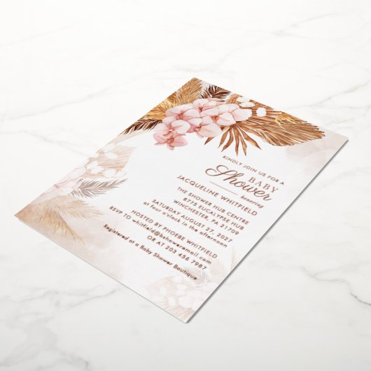 Pampas Grass Terracotta Floral Baby shower Gold Folie Uitnodiging (Gedraaid)