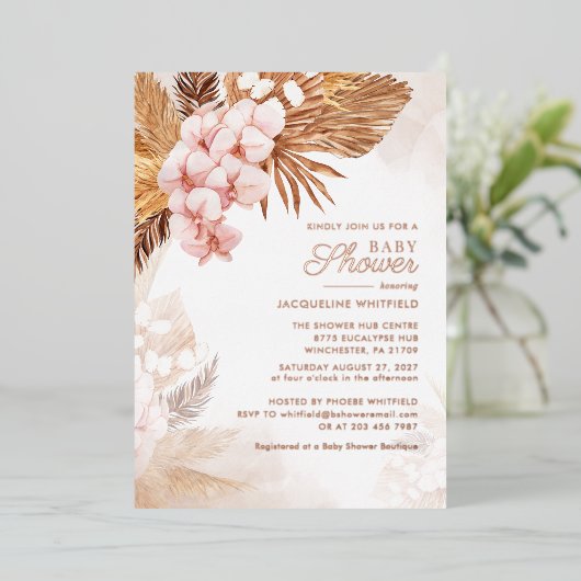 Pampas Grass Terracotta Floral Baby shower Gold Folie Uitnodiging (Staand Voorkant)