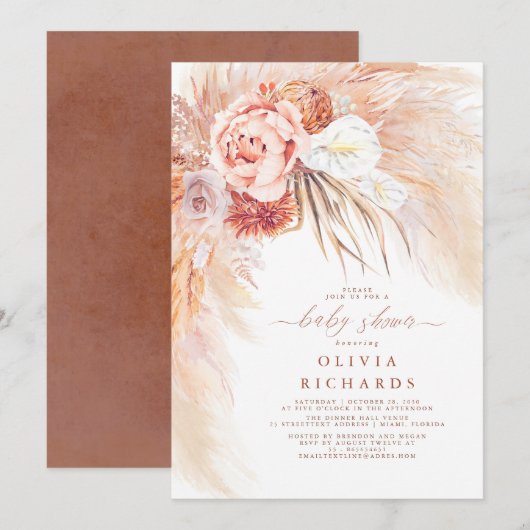 Pampas Grass Terracotta Floral Baby shower Kaart (Voorkant / Achterkant)