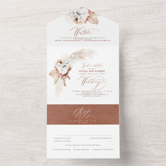 Pampas Grass Terracotta Floral Boho Wedding All In One Uitnodiging (Binnen)